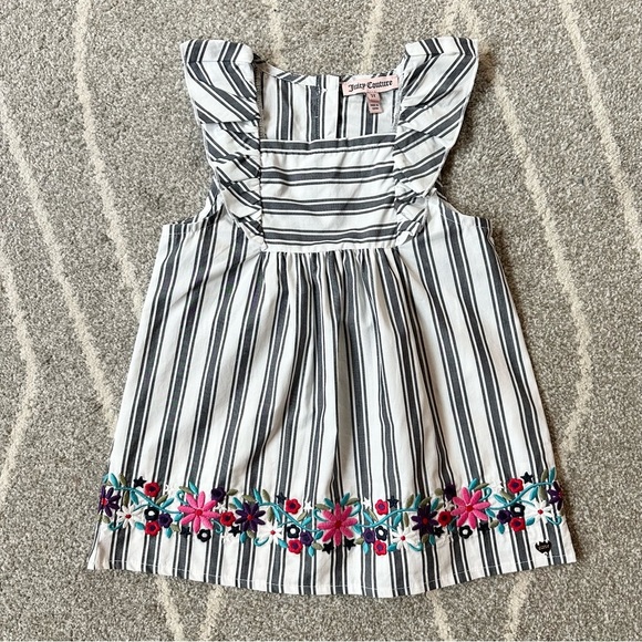 Juicy Couture White and Gray Striped Smock Dress with Embroidered Hem - Picture 1 of 5